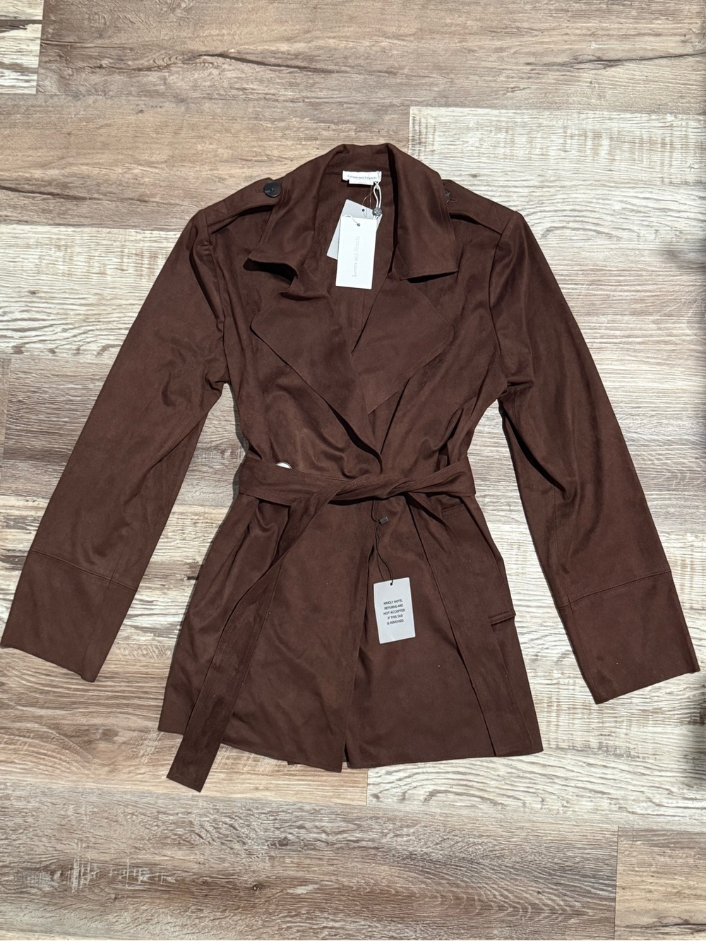 NWT Lovers + Friends Brown Suede-Look Belted Trench Jacket Size Small